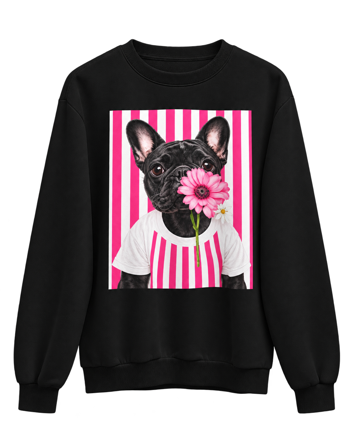 Sweat de Mulher S/ Capuz – Bulldog com Flor Rosa