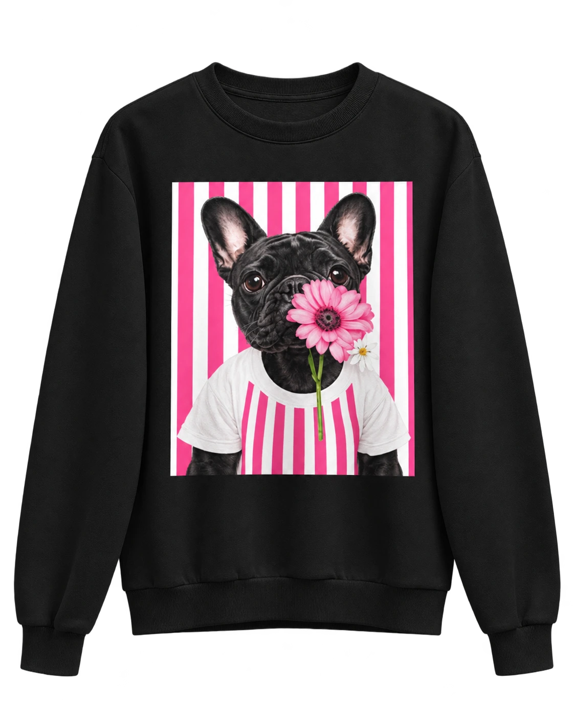 Sweat de Mulher S/ Capuz – Bulldog com Flor Rosa